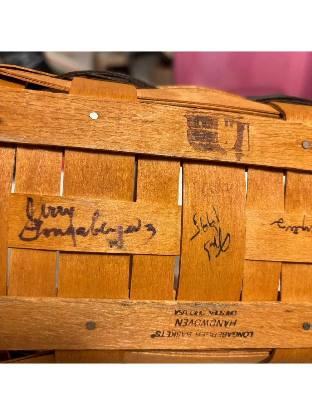 Longaberger Basket with Liners & 4 Signatures - 1995 & 2 Purses